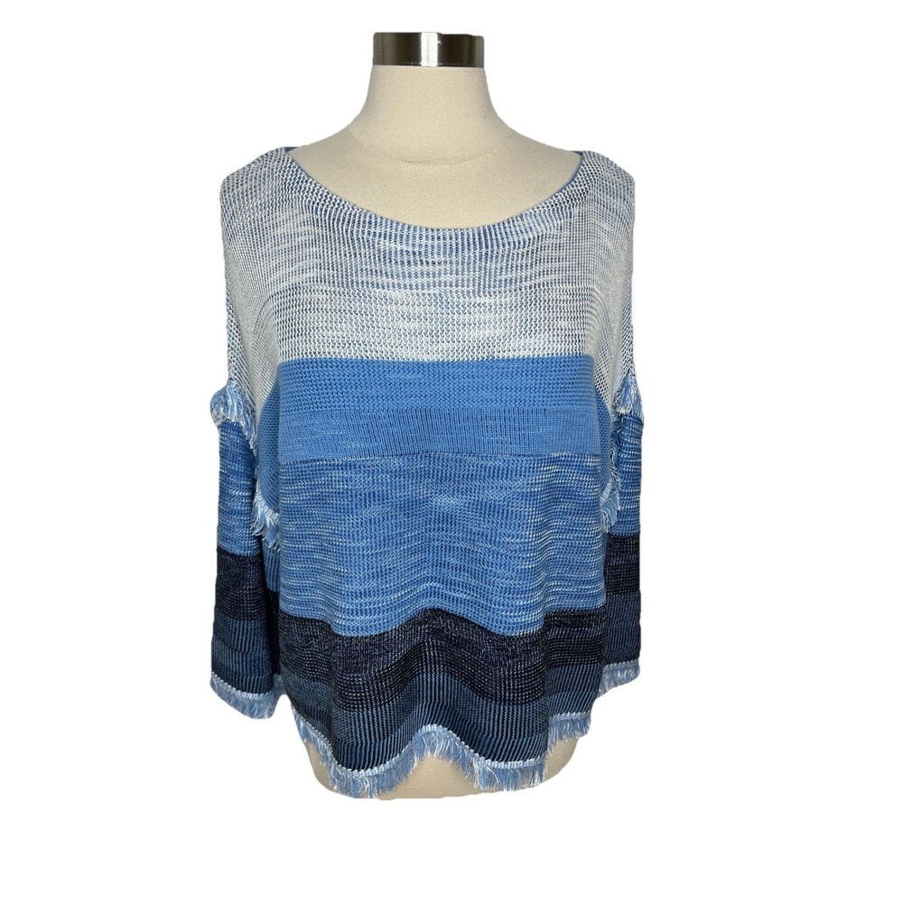 New St.John Wool Blend Knit Sweater XL Blue Striped Fringed Boho Costal Top
